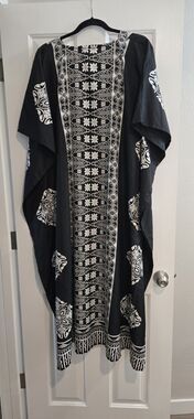 Gypsie Blu Caftan Dress Women Plus Black White Floral Print Tunic Beach Lounger